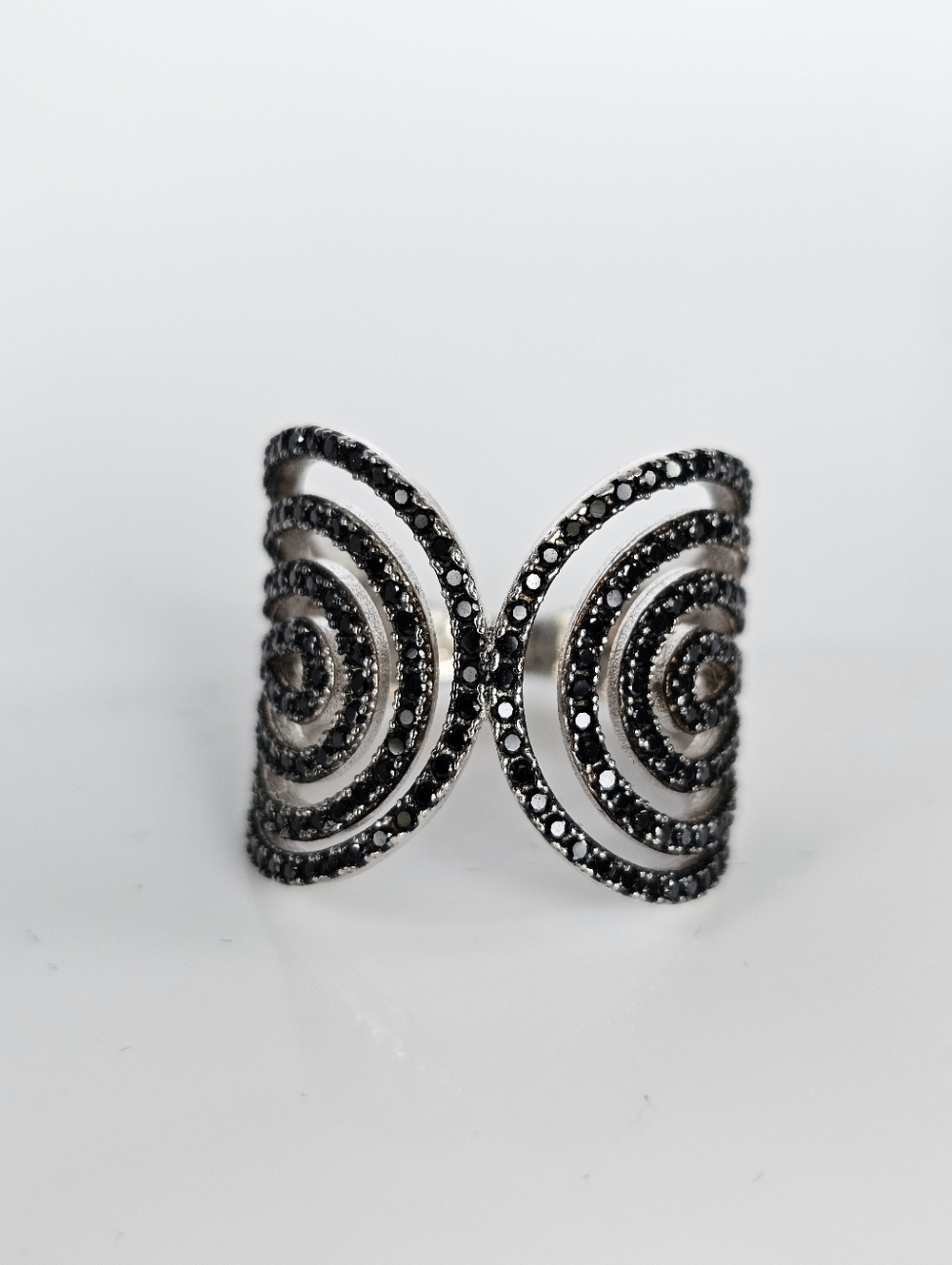 Unique Black Diamond Swirl Ring Sterling Silver Size 8!